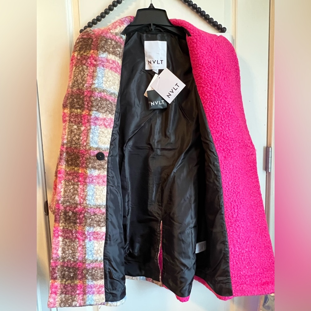 Anthropologie NVLT Plaid Houndstooth Fuchsia Pink Pea Coat Jacket XS 0 2 NWT 💖 - Picture 3 of 13